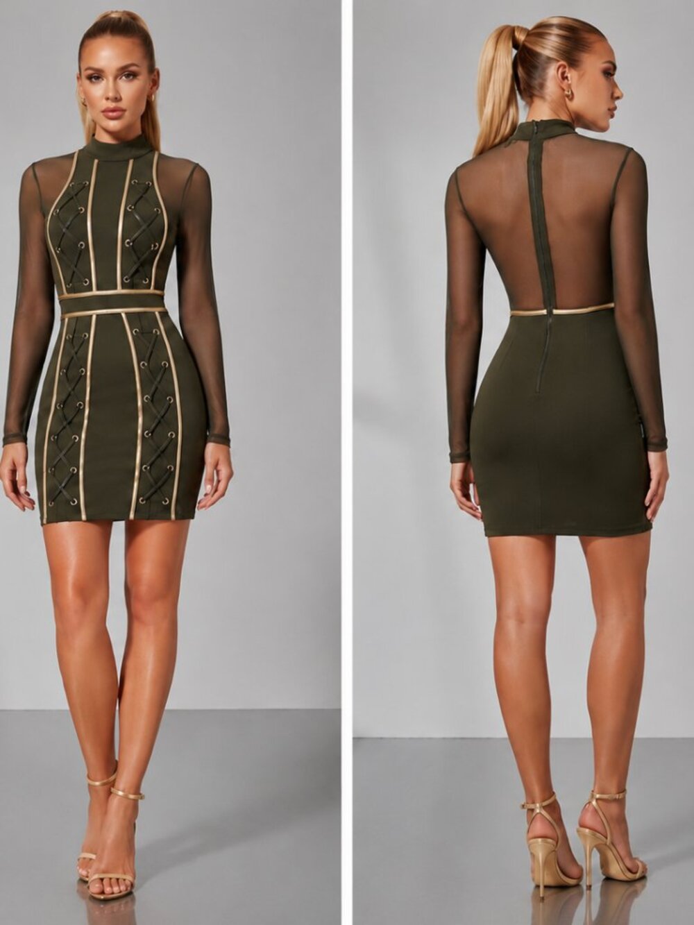 💥💖HOST PICK💖💥ULTRA-SEXY Mesh Lace Up Cocktail Dress in Green & Gold